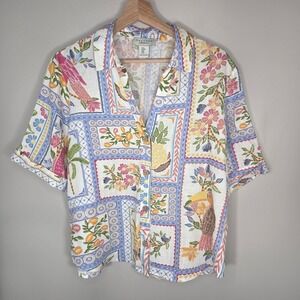 Calypso St Barth Tropical Bird Floral Linen Blend Shirt Top Women's Medium